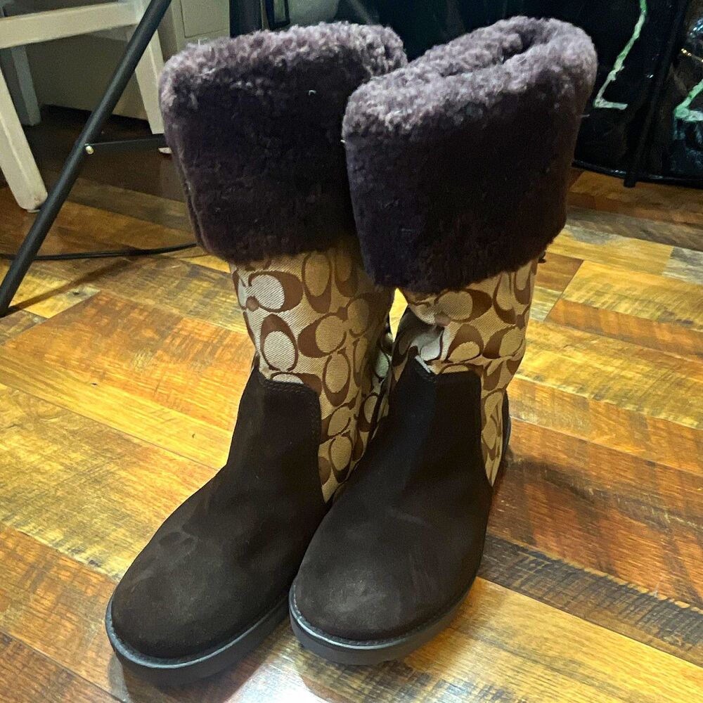 Coach Womens Size 10 Knee High Suede Boots Brown Beige Signature Logo Faux Fur